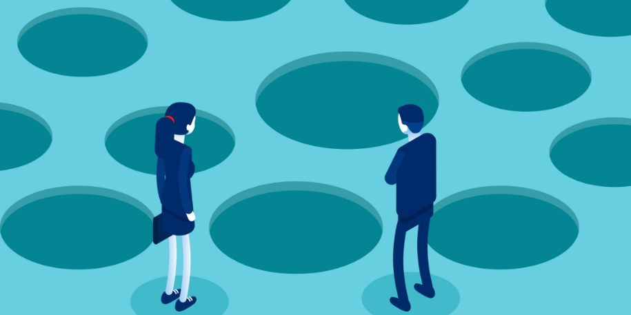 illustration of two businesspeople standing in front of a area with a lot of pitholes