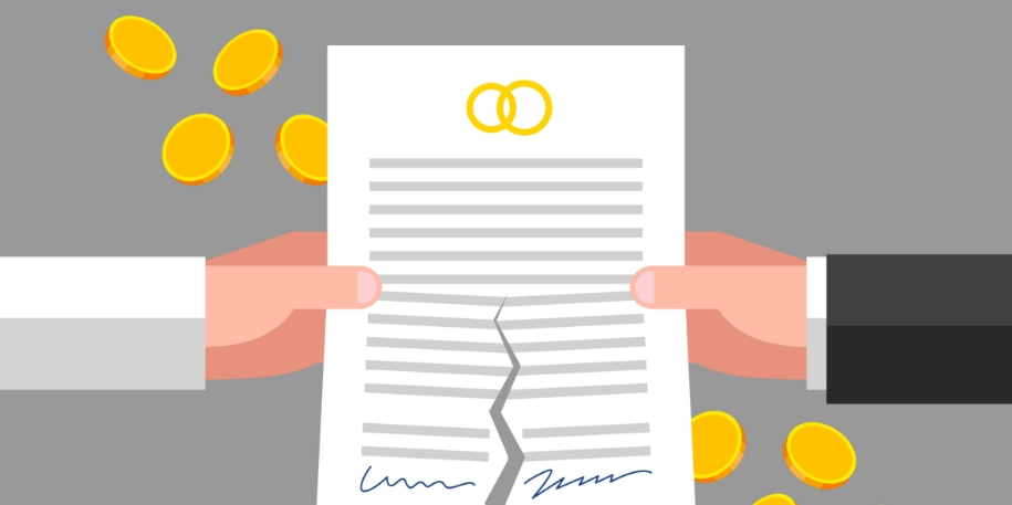 arms from two different people rip apart a marriage document with coins flying out