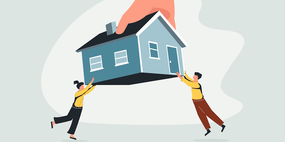 illustrated man and woman holding onto home