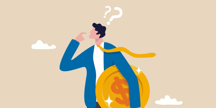 a man looks puzzled while holding a large coin [comic]