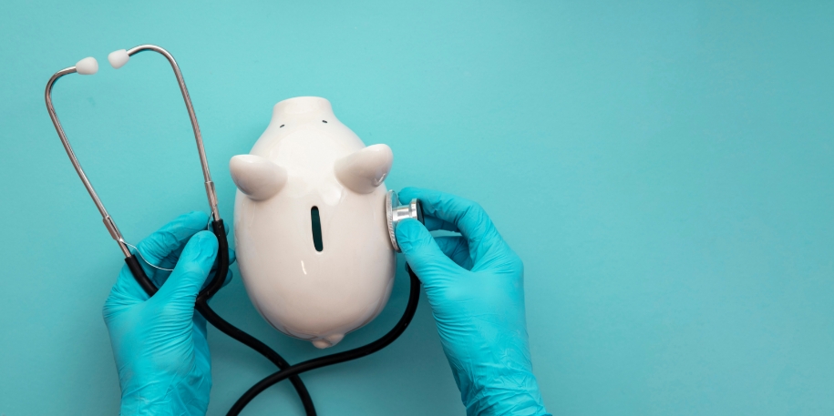 gloved hands use a stethoscope on a white piggy bank